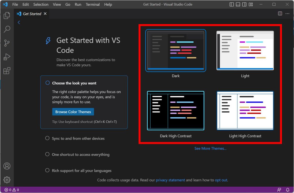 VS Codeの初期表示でテーマの選択画面が表示されますのでお好きなテーマを選択してください。今回は「Light」にしました。