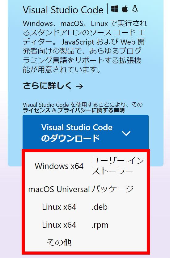 皆さんの環境に合うものをクリックしてください。今回はWindowsですので「Windows x64 ユーザーインストーラー」をクリックします。
